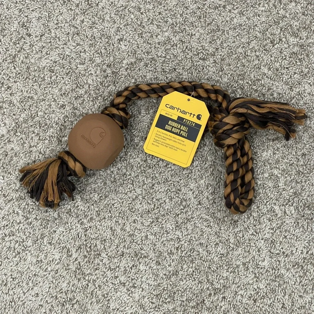 NEW Carhartt Dog Rope Pull Toy Durable Rubber Ball Tug Fetch Chew Brown PT0274
